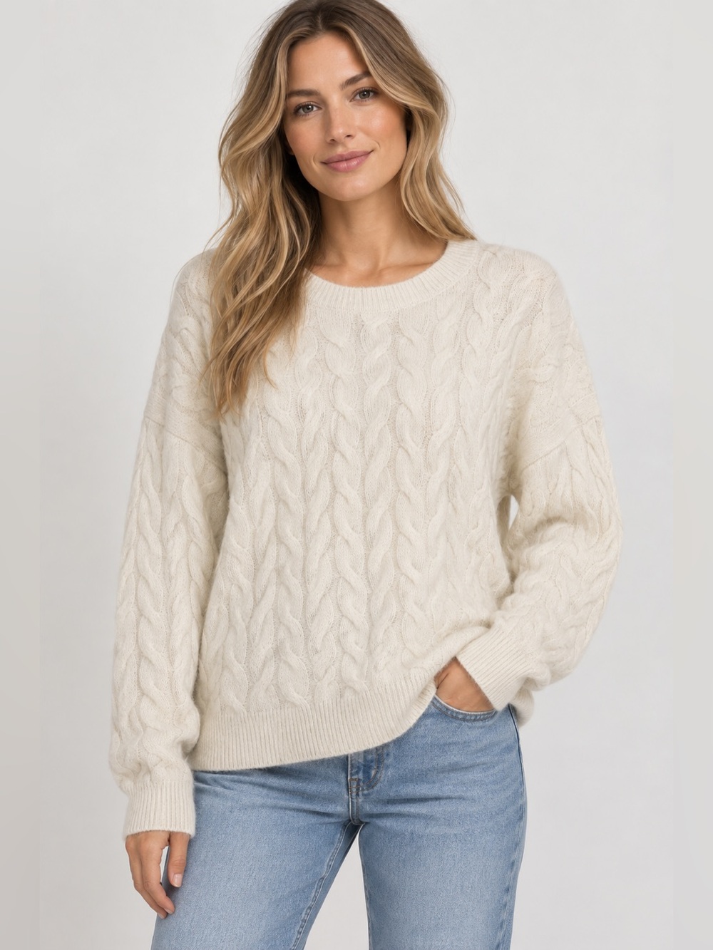 Primark Cream Cable Knit Sweater Alpaca Wool Blend Women L Cozy 23x23 Oversized